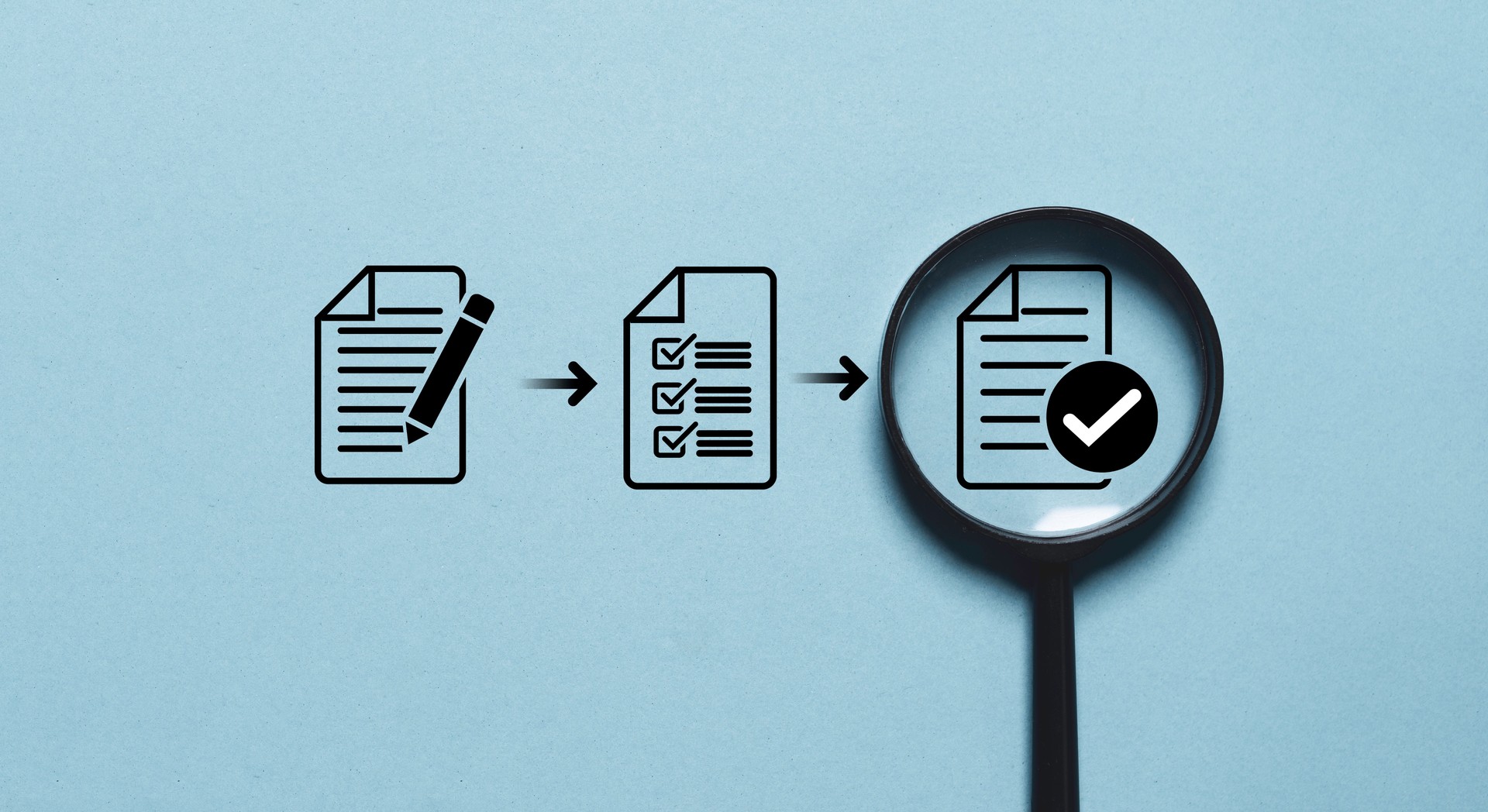 Document with correct sign mark inside of magnifier glass for prepare check and approve document , ISO quality control and assurance concept.